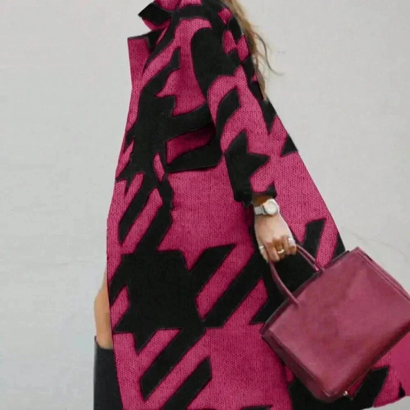 Hot Pink Casual Women's Colorblock Long Sleeve Knitted Cardigan - Picture 2 of 5